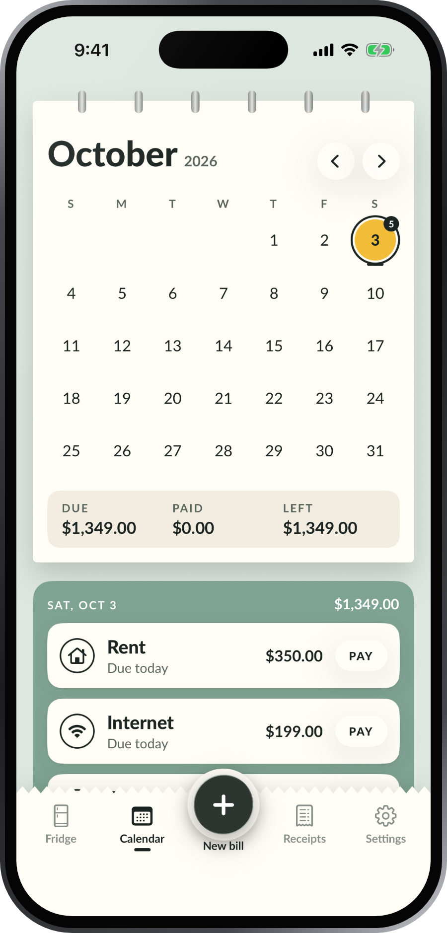 The calendar: today’s due bills circled, the month’s due, paid and left, and the day’s bills with Pay