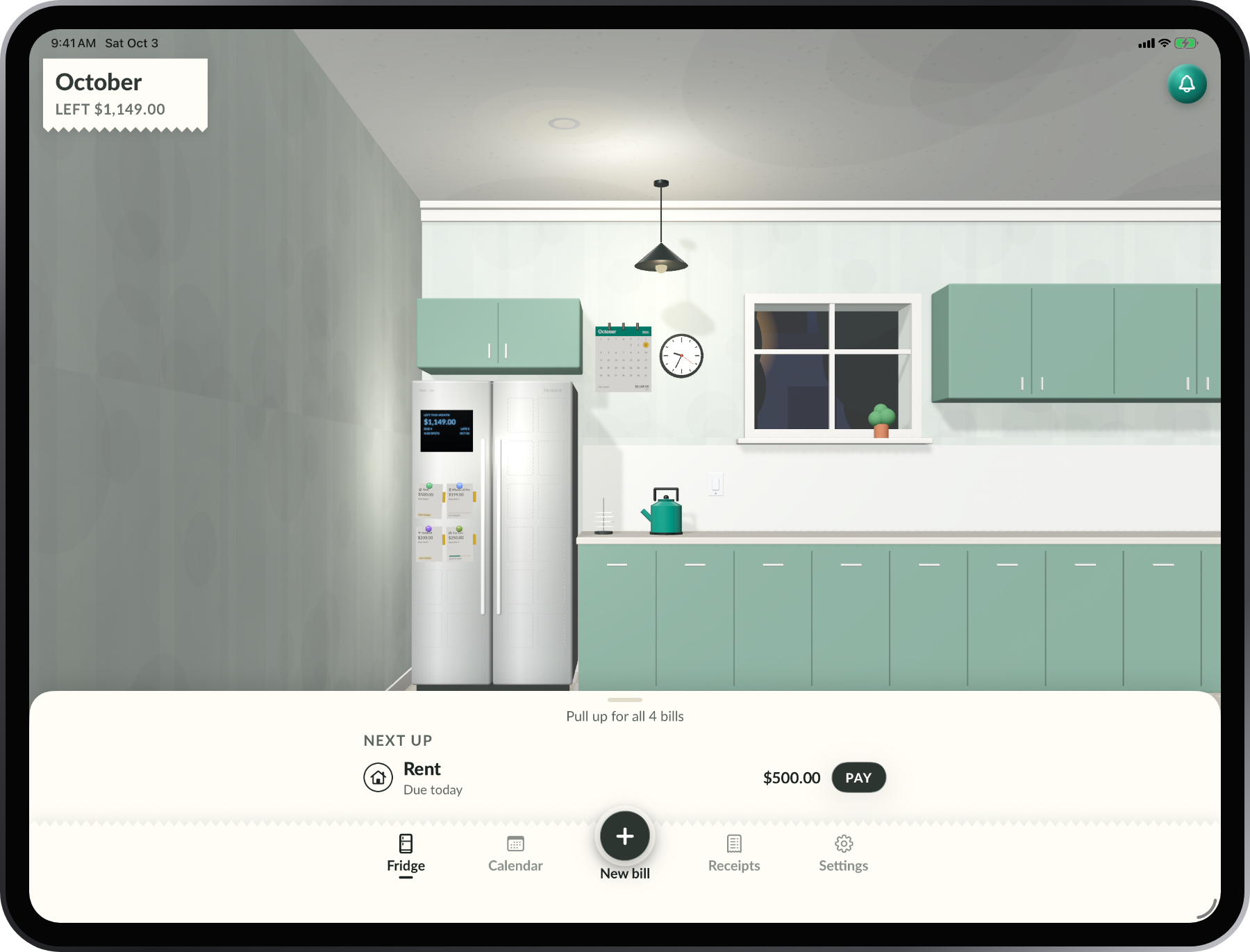 Fridgie on iPad: the kitchen with the Pro side-by-side fridge, the counter, the calendar, the clock and the window