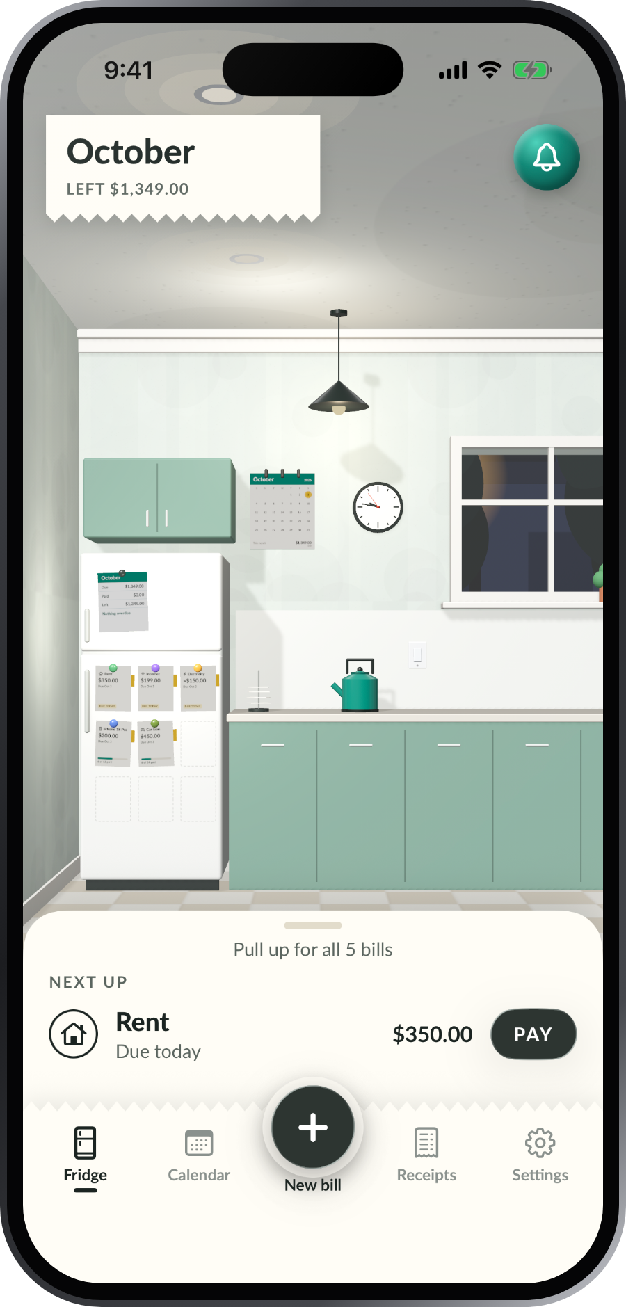 The Fridgie kitchen: a white fridge with five bill slips on its door, a calendar, a clock and a window on the wall, and Rent, due today, ready to pay below
