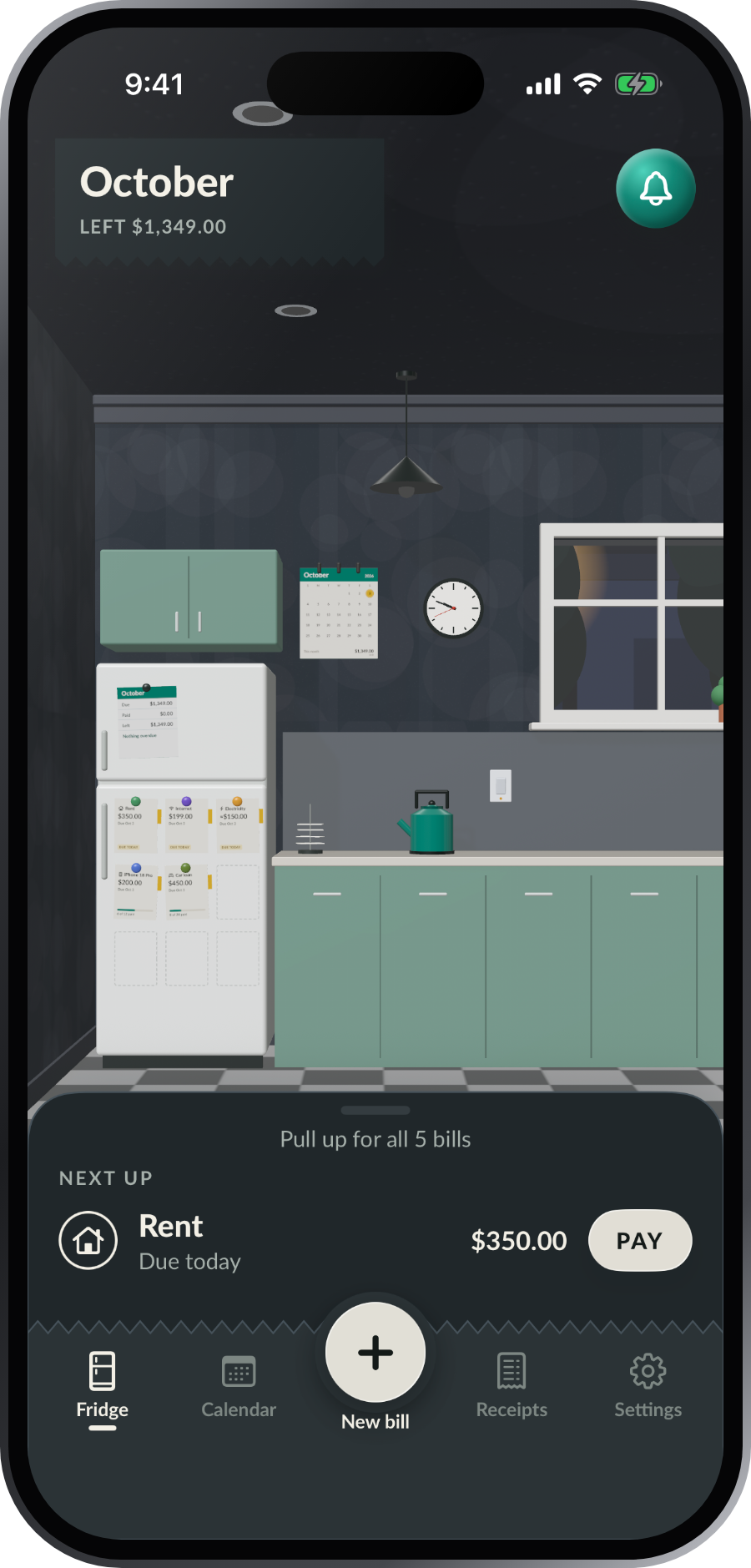 The kitchen at night with the lights off, in dark mode