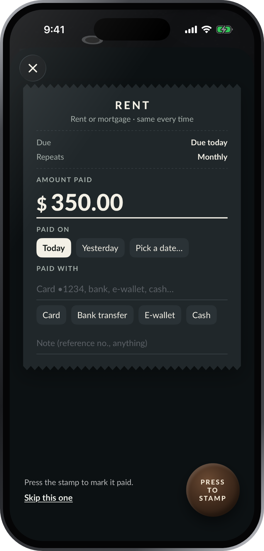 Marking Rent paid: a receipt with the amount, the day it was paid and what it was paid with, above the round stamp