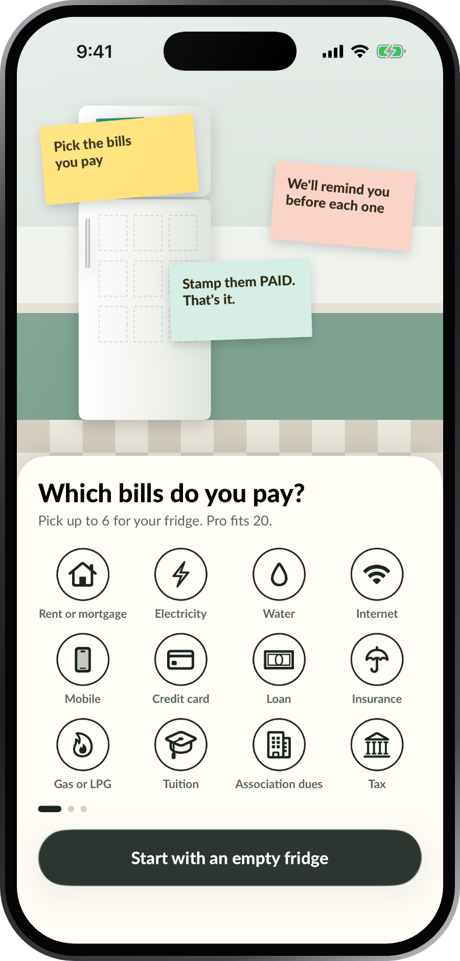 First launch: pick the bills you pay, from rent to tax