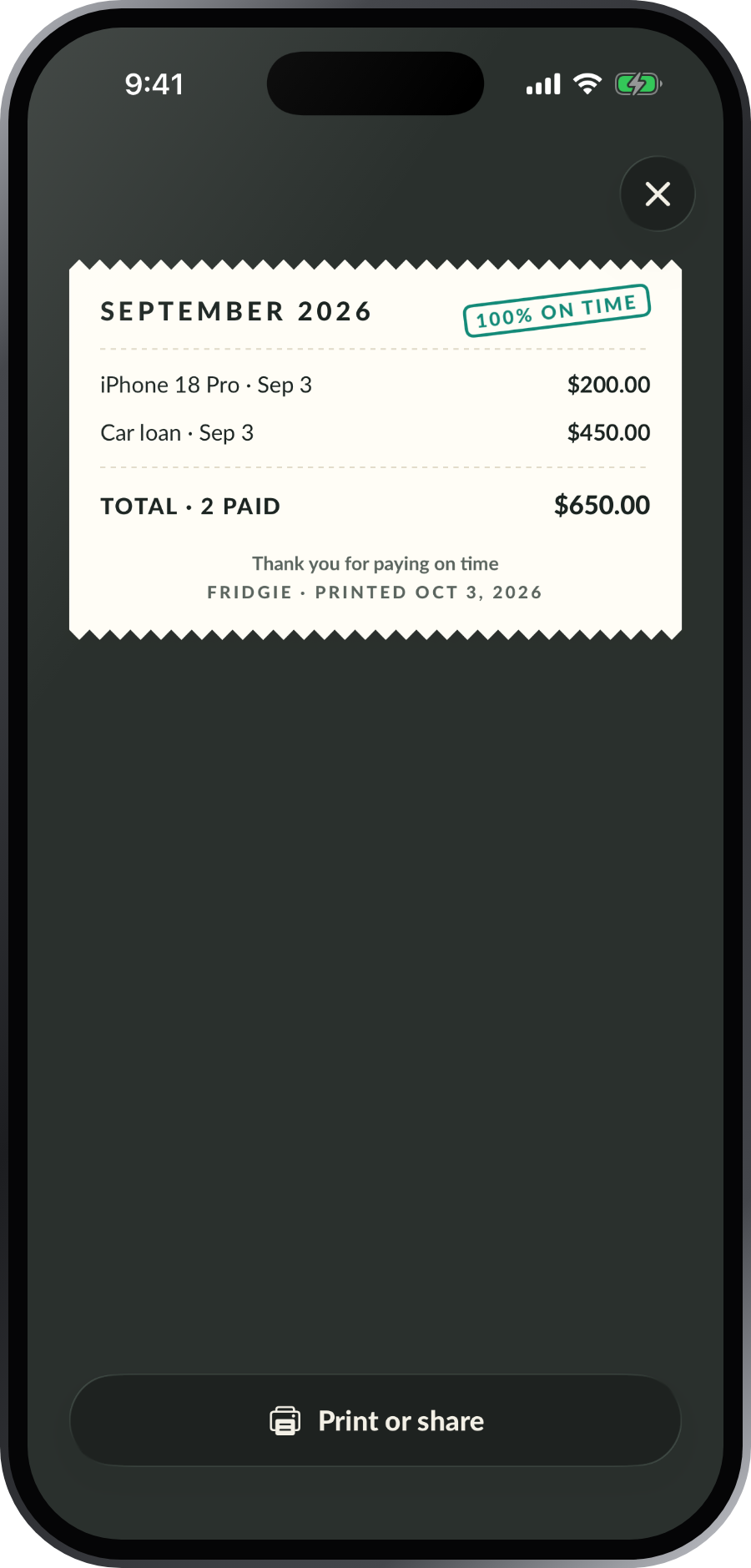 A receipt zoomed in, with Print or share