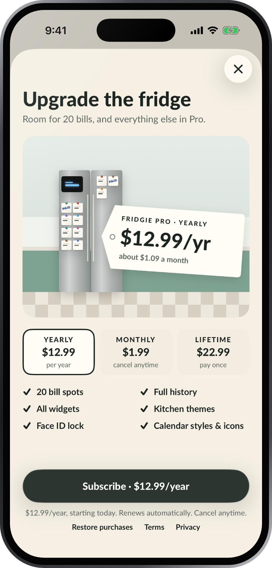 Fridgie Pro: the stainless side-by-side fridge with its price tag, and the Yearly, Monthly and Lifetime plans
