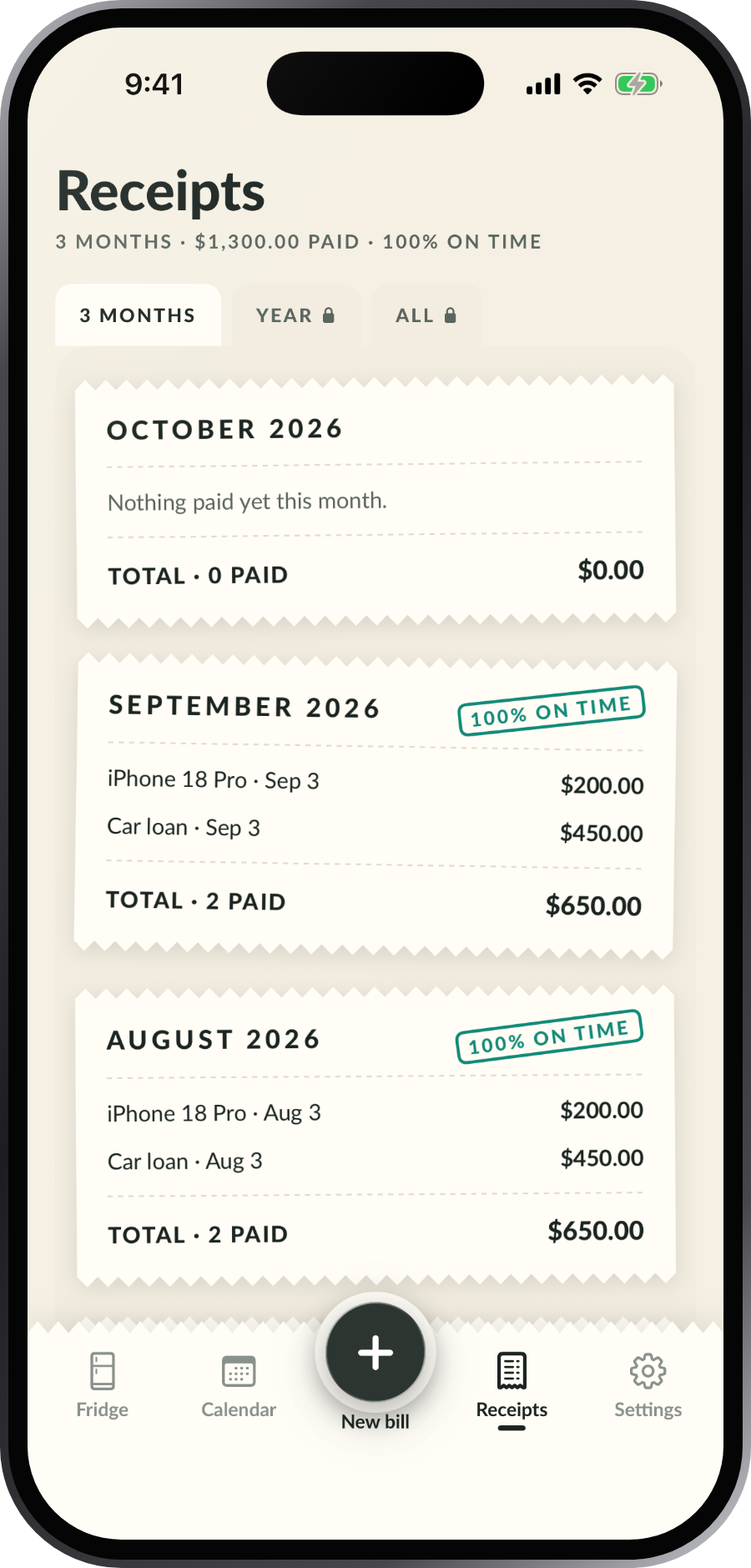The Receipts tab: one printed receipt per month, each stamped with how much was paid on time