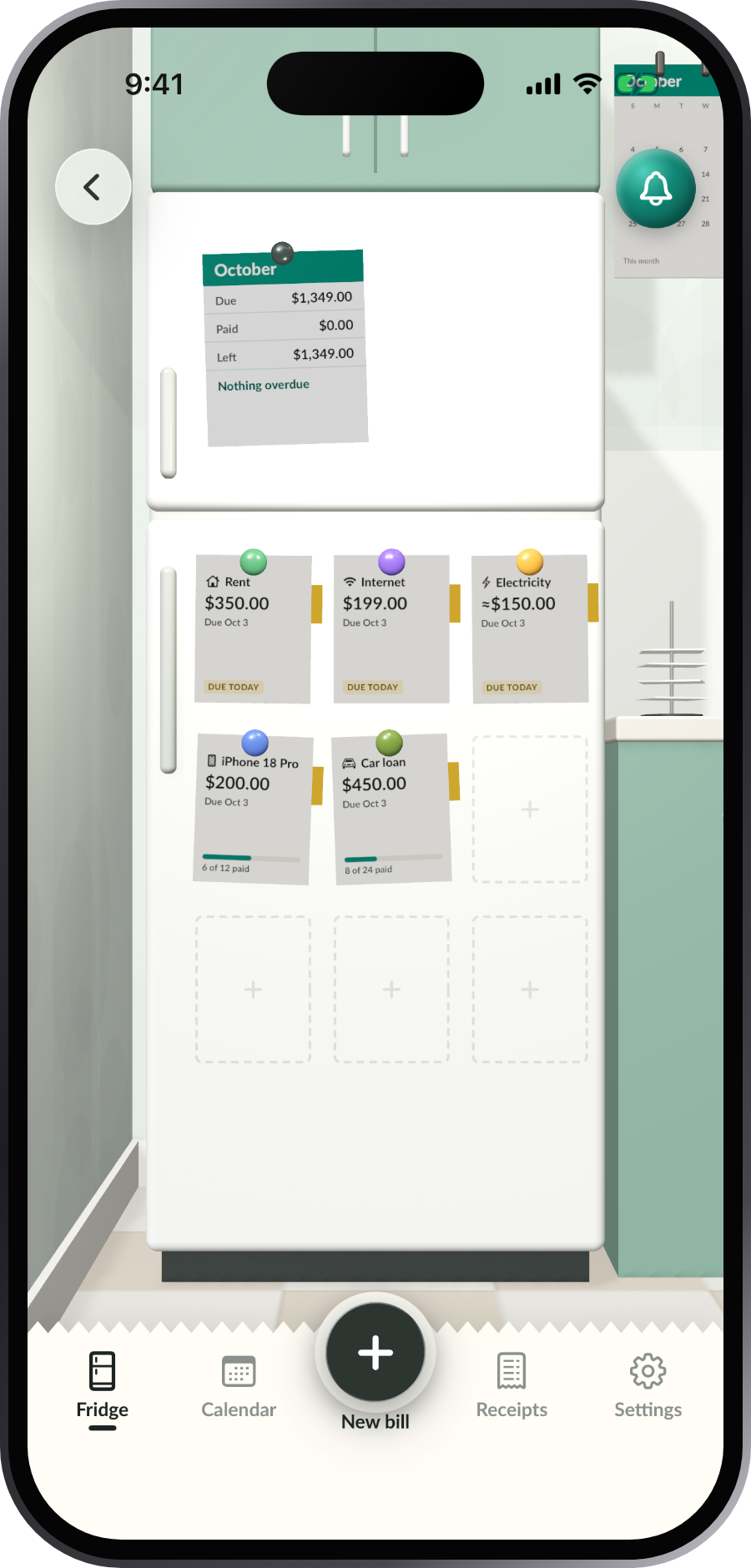 The fridge door up close: Rent, Internet, Electricity, a phone plan and a car loan, with how many payments are made