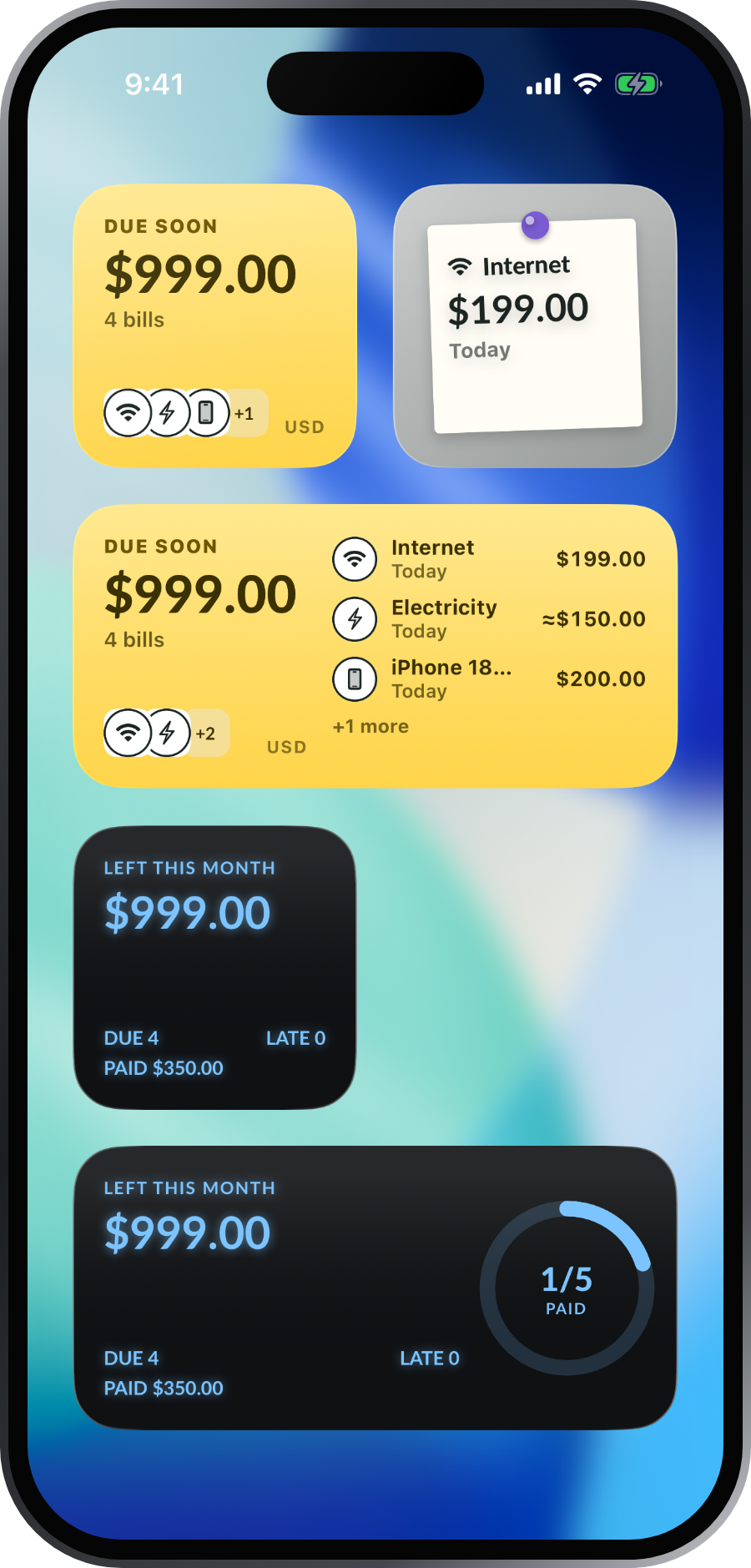 Home Screen widgets: Due soon, the next bill and this month